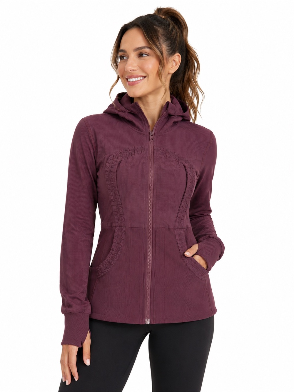 Lululemon Reversible Burgundy Plum Hooded Full Zip Jacket Ruched Ribbed Athletic